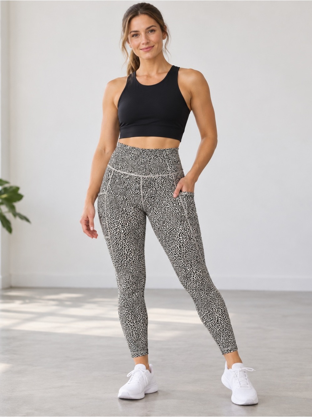 Athleta Black & Gray Leopard Print High-Waist Leggings